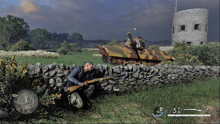 There are two tanks on the map, and the one near one of the entrances to the Hidden Facility may be more problematic as it may interfere with completing the mission - Sniper Elite 5: Map of mission 5 (Festung Guernsey) and location description - walkthrough - Mission 5 - Festung Guernsey - Sniper Elite 5 Guide, Walkthrough