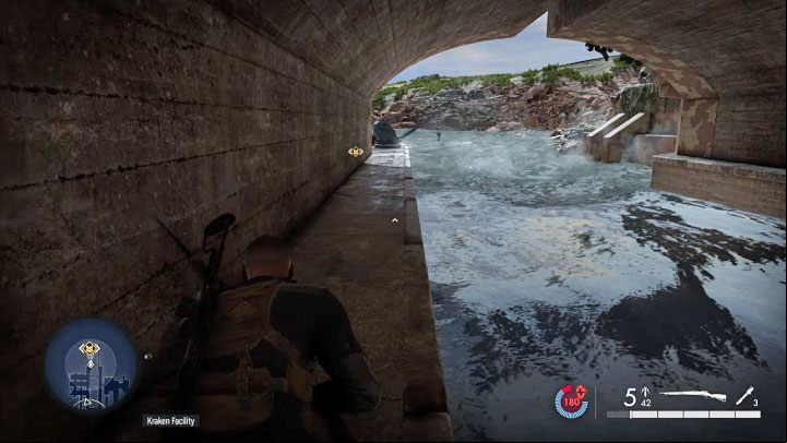 Go towards the exit from the dock to get away from the place where the explosion will happen soon - Sniper Elite 5: Destroying the Kraken Prototype (mission 5) - walkthrough - Mission 5 - Festung Guernsey - Sniper Elite 5 Guide, Walkthrough