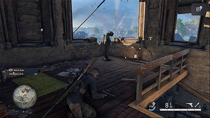 You can eliminate the snipers by shooting them or by reaching their nests and executing stealth takedowns - Sniper Elite 5: Securing the crossing (mission 6) - walkthrough - Mission 6 - Liberation - Sniper Elite 5 Guide, Walkthrough