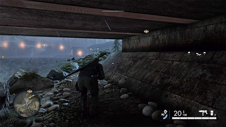 The safest way to cross is through the western end of the wall - Sniper Elite 5: By the outposts (mission 7) - walkthrough - Mission 7 - Secret weapons - Sniper Elite 5 Guide, Walkthrough