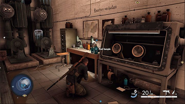 Fuel Sample is found on the middle level near the eastern staircase - Sniper Elite 5: Optional missions in Mission 7 - walkthrough, solution - Mission 7 - Secret weapons - Sniper Elite 5 Guide, Walkthrough