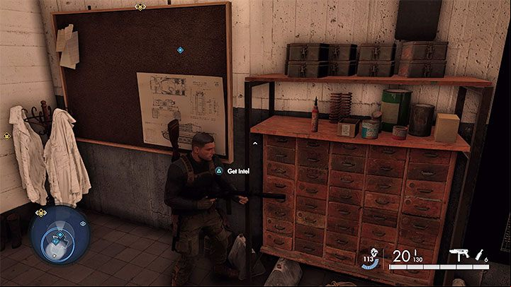 Next piece is on the bottom level of the laboratory, attached to a blackboard - Sniper Elite 5: Optional missions in Mission 7 - walkthrough, solution - Mission 7 - Secret weapons - Sniper Elite 5 Guide, Walkthrough