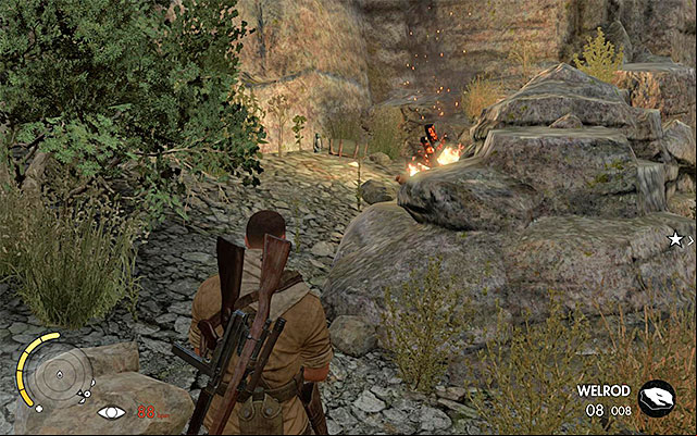 Go further east, but check the southern rocks during the exploration as well - Exploring the southern camp - Mission 3 - Halfaya - Sniper Elite III: Afrika - Game Guide and Walkthrough