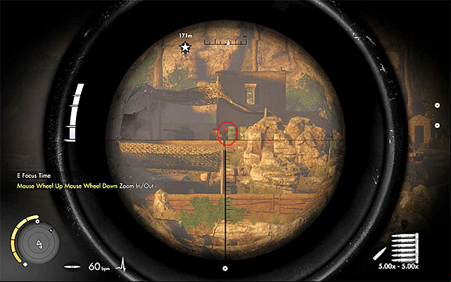 Aim at one of the barrels - Destroying the third artillery station - Mission 3 - Halfaya - Sniper Elite III: Afrika - Game Guide and Walkthrough