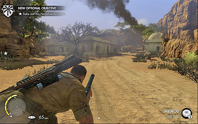 You can approach the village, e.g. from the North or from the North-East - Destroying the second rocket launcher - Mission 6 - Kasserine - Sniper Elite III: Afrika - Game Guide and Walkthrough