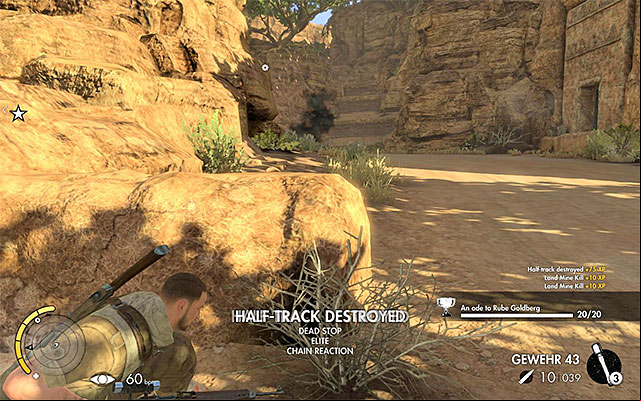 Use a mine or dynamite to destroy the second halftrack - Eliminating the temple guards - Mission 6 - Kasserine - Sniper Elite III: Afrika - Game Guide and Walkthrough