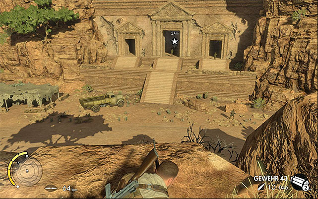 Attack the enemies from the hill - Eliminating the temple guards - Mission 6 - Kasserine - Sniper Elite III: Afrika - Game Guide and Walkthrough