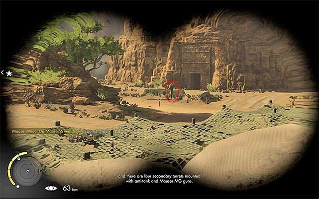 Right after you exit the temple, hide behind the nearest cover - Reaching Brauers corpse - Mission 6 - Kasserine - Sniper Elite III: Afrika - Game Guide and Walkthrough