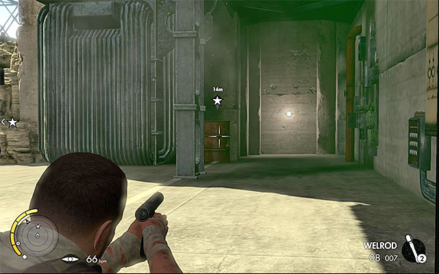 From a safe distance, aim at the explosive barrel - Destroying the first transformer - Mission 8 - Ratte Factory - Sniper Elite III: Afrika - Game Guide and Walkthrough