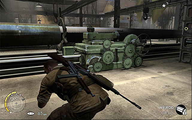 Exit the lift as quickly as possible - Exploring the tank hall - Mission 8 - Ratte Factory - Sniper Elite III: Afrika - Game Guide and Walkthrough
