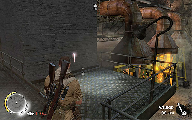 The spot to plant an explosive in the North-Eastern part of the hall - Planting four explosives at the pillars - Mission 8 - Ratte Factory - Sniper Elite III: Afrika - Game Guide and Walkthrough
