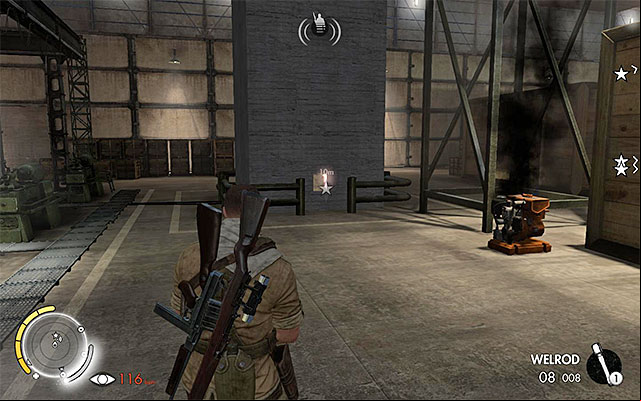 The spot to plant an explosive in the South-Eastern part of the hall - Planting four explosives at the pillars - Mission 8 - Ratte Factory - Sniper Elite III: Afrika - Game Guide and Walkthrough