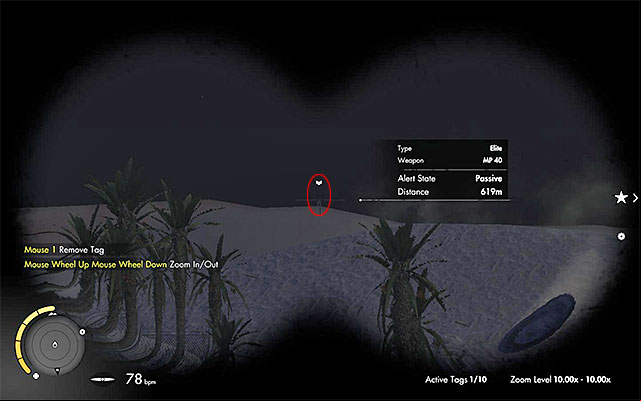 After you have taken your position in the nest, lay down on the ground and target the sniper rifle at the enemy, who is standing more than 600 meters away, to the South of you - Long Shots - Collectibles - Mission 7 - Sniper Elite III: Afrika - Game Guide and Walkthrough