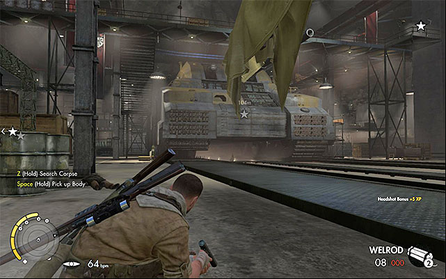 The target is patrolling around the huge tanks in the center of the hall - Weapon Parts - Collectibles - Mission 8 - Sniper Elite III: Afrika - Game Guide and Walkthrough