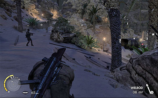 There are two enemies guarding the mountain . - Eliminating the first enemy officer - Mission 2 - Gaberoun - Sniper Elite III: Afrika - Game Guide and Walkthrough