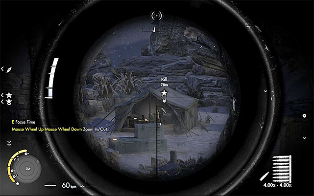The officer is located inside the tent. - Eliminating the first enemy officer - Mission 2 - Gaberoun - Sniper Elite III: Afrika - Game Guide and Walkthrough
