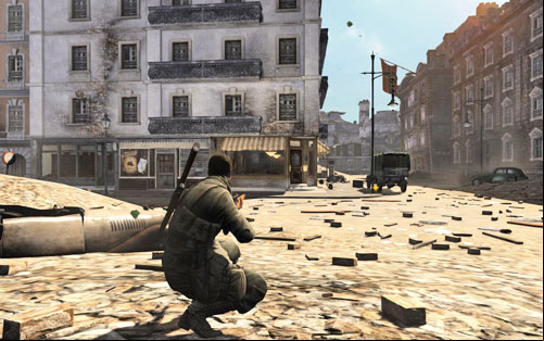 There are still two more Germans sitting inside the cafe - you can kill them with one bullet - Mission 1 - Schoneberg Convoy - p. 2 - Walkthrough - Sniper Elite V2 Game Guide & Walkthrough