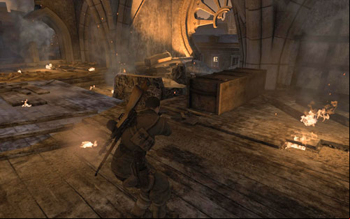 Head to the end and turn left to find a set of stairs leading up - Mission 5 - St. Olibartus Church - p. 2 - Walkthrough - Sniper Elite V2 Game Guide & Walkthrough