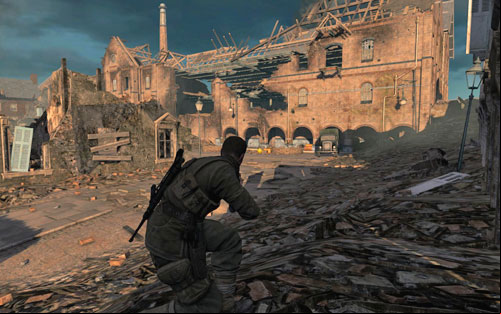 In a matter of seconds the opposite buildings will get filled by Russians - pay attention to the destroyed wall of the upper floor as well as the main entrance, where there are two machine gun posts - Mission 7 - Karlshorst Command Post - p. 1 - Walkthrough - Sniper Elite V2 Game Guide & Walkthrough