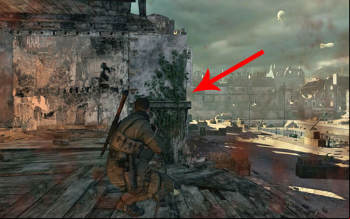 After getting out of the ruins and onto the street, an enemy sniper will appear in the opposite building - Mission 8 - Kreuzberg Headquarters - p. 1 - Walkthrough - Sniper Elite V2 Game Guide & Walkthrough