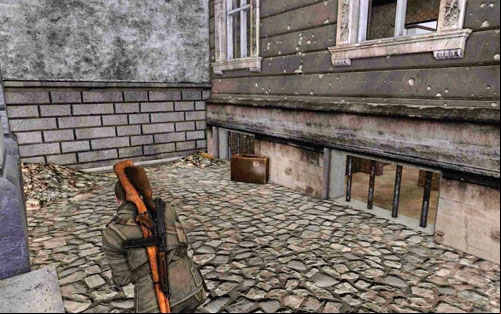After you jump through the window at the back of the building, head right - Mission 1 | Wine Bottles and Gold Bars - Wine Bottles and Gold Bars - Sniper Elite V2 Game Guide & Walkthrough