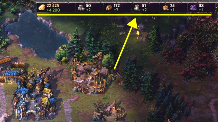 You can check your current raw materials (yellow/white value) and their income per turn (green value) at the top edge of the screen - Songs of Conquest: Research and resources - Basics - Songs of Conquest Guide