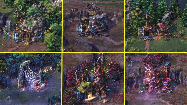 From left: mines of gold, stone, wood, glimmerweave, ancient amber and celestial ore. - Songs of Conquest: Research and resources - Basics - Songs of Conquest Guide