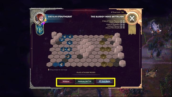 After both hostile factions meet on the map, on the screen will appear the battle preparation screen - Songs of Conquest: Is it worth using Quick Battle? - FAQ - Songs of Conquest Guide