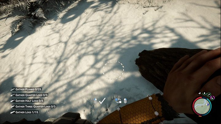 Aim the camera down at the ground while holding a log, right-click to change the placing mode (a white circle will appear) and confirm with left-click - Sons of the Forest: Shelter elements - Resources and crafting - Sons of the Forest Guide