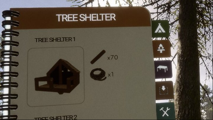 A small roofed structure that provides good protection against rain and mutants - Sons of the Forest: Tree Shelters - Resources and crafting - Sons of the Forest Guide