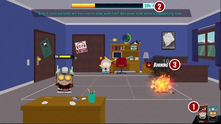 In the bottom right corner of the screen you can see pictures of characters - they are placed in an order in which these characters will perform their turns - Combat basics - Gameplay Basics - South Park: The Fractured But Whole Game Guide