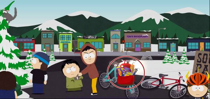 This time, the game suggests you to throw a Snap N Pop at the fireworks that are in a basket of one of the bikes - Birth of a Coon Friend | Main Missions Walkthrough - Main Missions Walkthrough - South Park: The Fractured But Whole Game Guide
