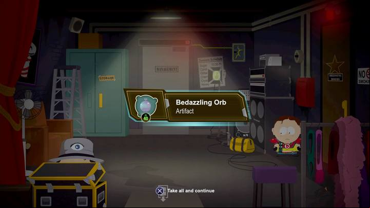 Bedazzling Orb in the strip clubs back. - Artifacts and recipes - Titles and secrets - South Park: The Fractured But Whole Game Guide