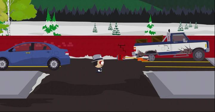 Lower the lifting jack to knock down a bottle that stands on the car. - Puzzles - Titles and secrets - South Park: The Fractured But Whole Game Guide