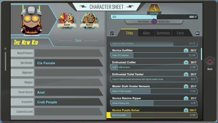 Character Sheet. - Titles / Challenges - Titles and secrets - South Park: The Fractured But Whole Game Guide