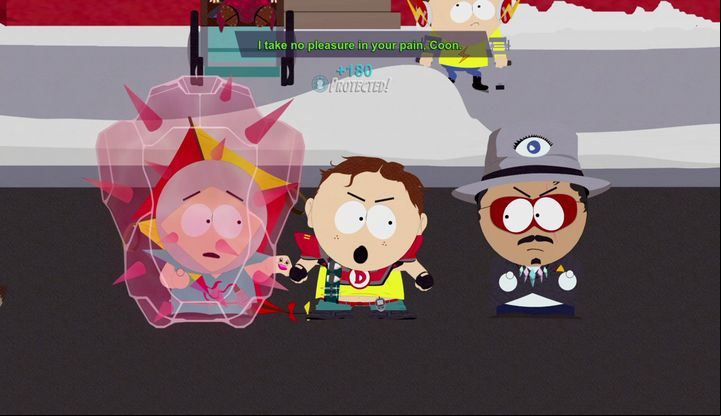 The red shield causes the Coon to take all the damage dealt with Kyle. - Farts of Future Past | Main Missions Walkthrough - Main Missions Walkthrough - South Park: The Fractured But Whole Game Guide