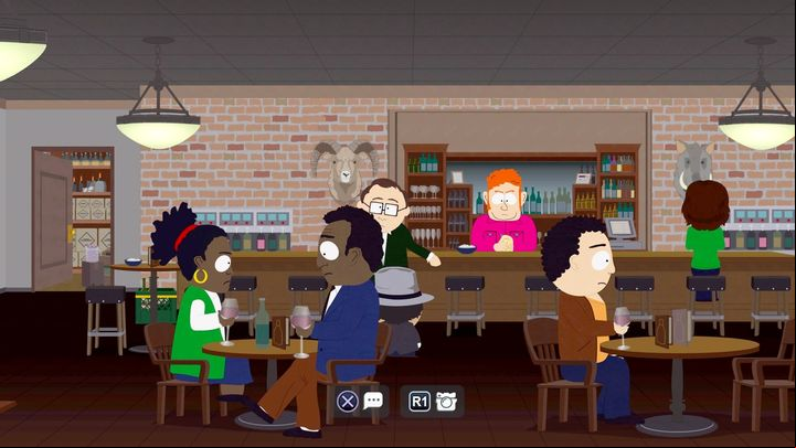 Distribute business cards among the men sitting at the bar. - Vigilante Marketing, The Big Beatdown | Side quests - Side quests - South Park: The Fractured But Whole Game Guide