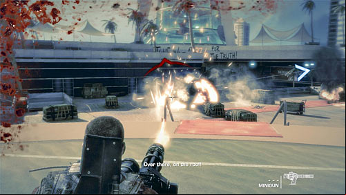Lugo will appear on the building's rooftop and your task is to cover him using the minigun - Chapter XII - Rooftops - p. 2 - Game Walkthrough - Spec Ops: The Line - Game Guide and Walkthrough