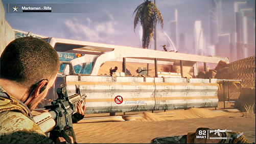 Wait until the grenade explodes and quickly shoot enemies in the bus, focusing on the machine gun operator - Chapter I - The Evacuation - p. 1 - Game Walkthrough - Spec Ops: The Line - Game Guide and Walkthrough