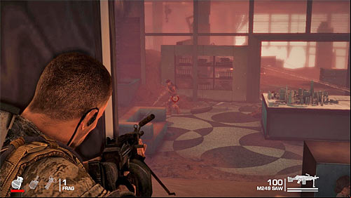 Right after landing stay behind the pillar, where Walker takes cover behind by default - Chapter V - The Edge - p. 2 - Game Walkthrough - Spec Ops: The Line - Game Guide and Walkthrough