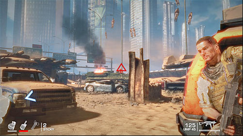 I suggest placing yourself behind the orange car, because you can find a grenade crate there - Chapter VII - The Battle - Game Walkthrough - Spec Ops: The Line - Game Guide and Walkthrough