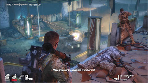 I suggest starting with shooting an opponent with RPG, standing on the right - Chapter X - Riggs - Game Walkthrough - Spec Ops: The Line - Game Guide and Walkthrough