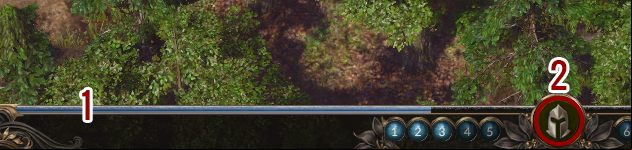 In addition to that you can also find experience bar (1) displayed on the bottom of the screen and an icon that opens party manager screen (2) - more about that below - Interface - Basics - SpellForce 3 Game Guide