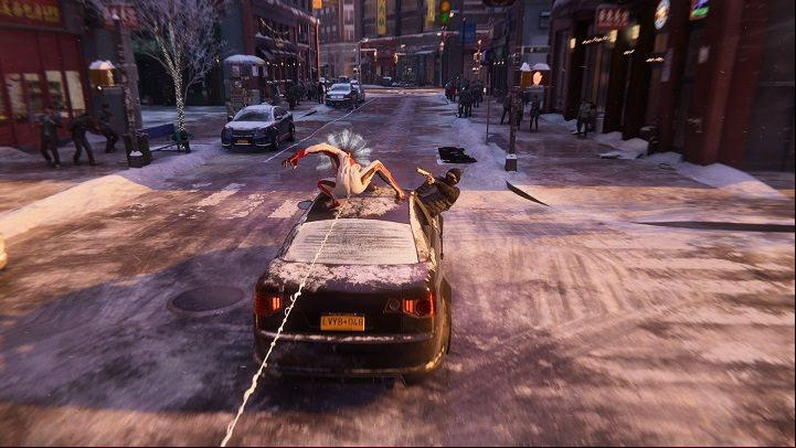 The sequence of chasing the car will begin - Spider-Man Miles Morales: Robbers Target Local Biz - walkthrough - Side missions - Spider-Man Miles Morales Guide