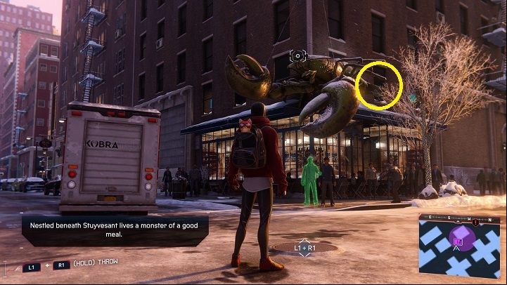 In Chinatown, jump onto a giant lobster - the postcard is on its tail - Spider-Man Miles Morales: Memory Lane - walkthrough - Side missions - Spider-Man Miles Morales Guide
