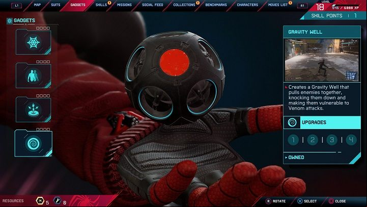 You can buy this gadget when you are at least level 7 for 10 activity tokens and 1 part, in the 3rd tab after pressing the touchpad - Spider-Man Miles Morales: Gravity Well - modification list - Gadgets - Spider-Man Miles Morales Guide