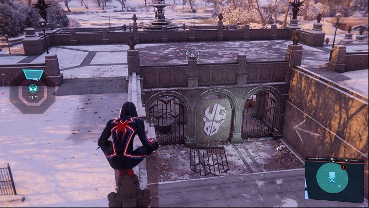 2) Another cache is located near the fountain with an angel, in the southern side of the park - Spider-Man Miles Morales: All Underground Caches - list - Collectibles - Spider-Man Miles Morales Guide