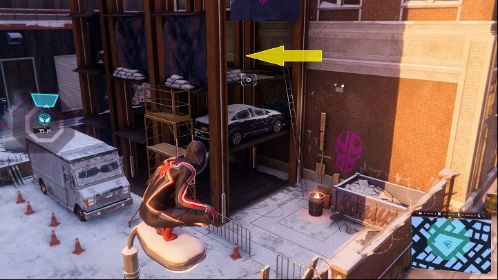 2) In the center of the district, you will find the cache on level 3 of the garage - Spider-Man Miles Morales: All Underground Caches - list - Collectibles - Spider-Man Miles Morales Guide
