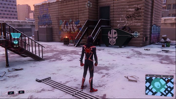 1) The cache in the center of the Financial District is located on a rooftop, under the stairs - Spider-Man Miles Morales: All Underground Caches - list - Collectibles - Spider-Man Miles Morales Guide