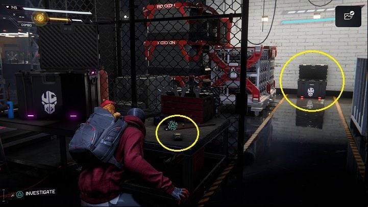 You will find yourself in a room with the Underground cache - Spider-Man Miles Morales: Roxxon Laboratories - all locations, list - Laboratories and Hideouts - Spider-Man Miles Morales Guide